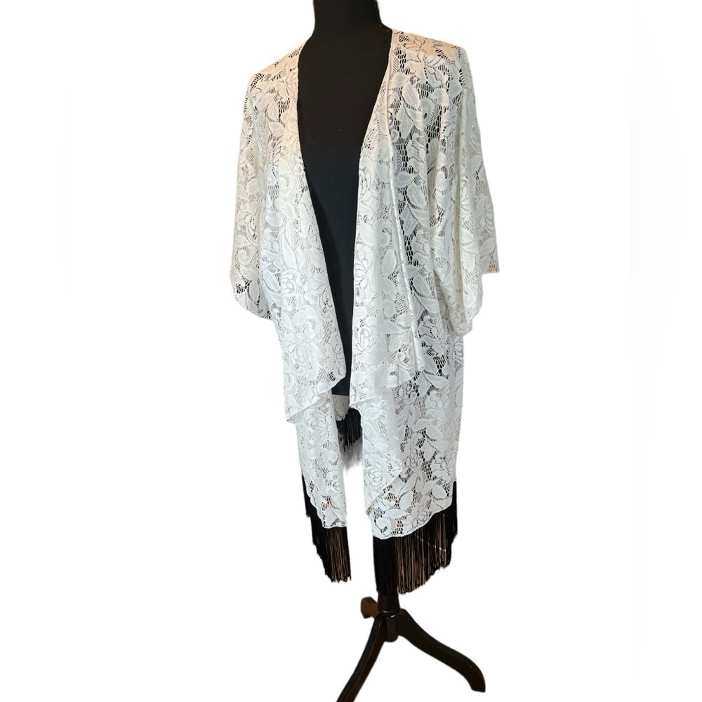 LuLaRoe White Lace Cardigan with Black Fringe | Size L